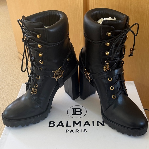 Balmain Black Heeled Boots with Gold Accents - combat style - Picture 3 of 14
